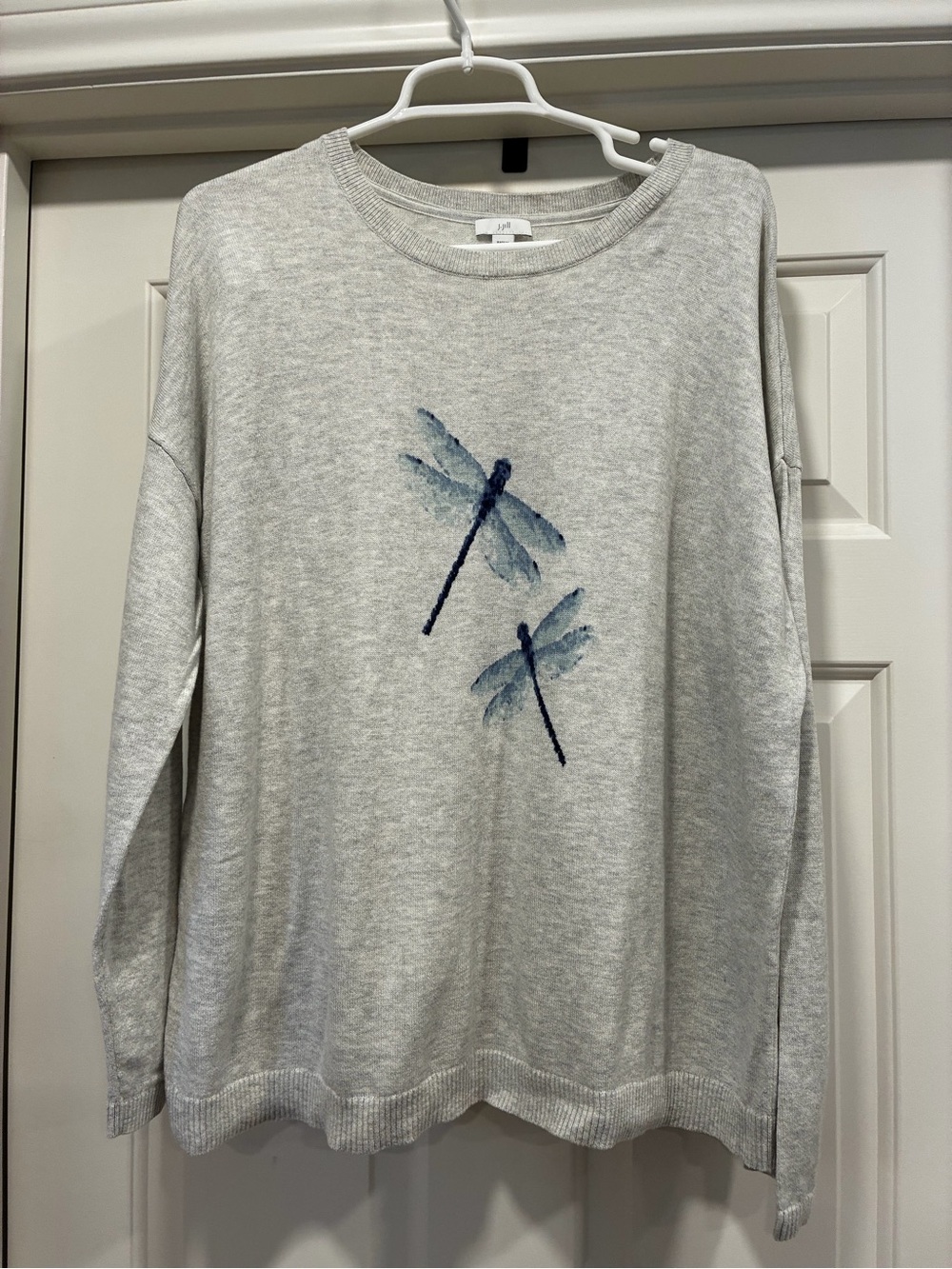 J. Jill Gray Crewneck Sweater with Blue Dragonfly Motifs